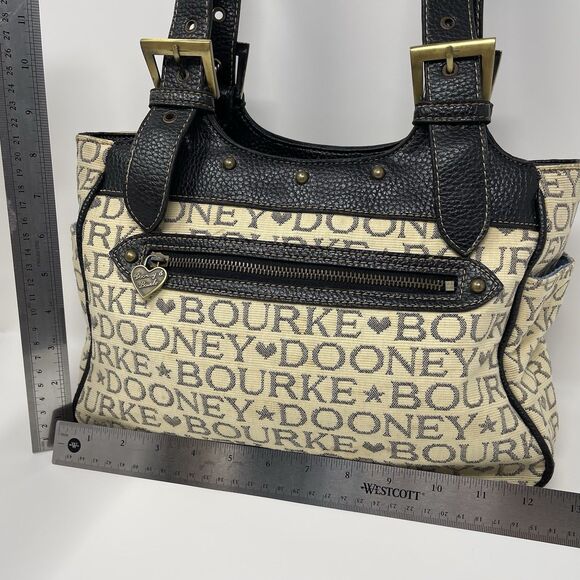 Dooney Bourke Tote Bag Tan Canvas  Black Lettering Leather Handbag Adjustable - Picture 11 of 14